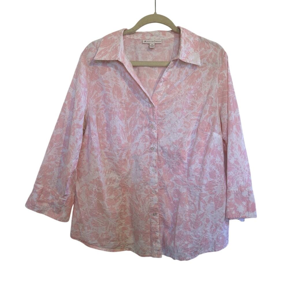 JM Pink White Embroidered Floral Cotton Button Front 3/4 Sleeve Top 16W V-Neck